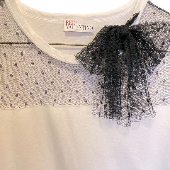 RED VALENTINO Jersey T-shirt W/ Point D'esprit Tulle & Bow Detail In Black |S| - Picture 3 of 7